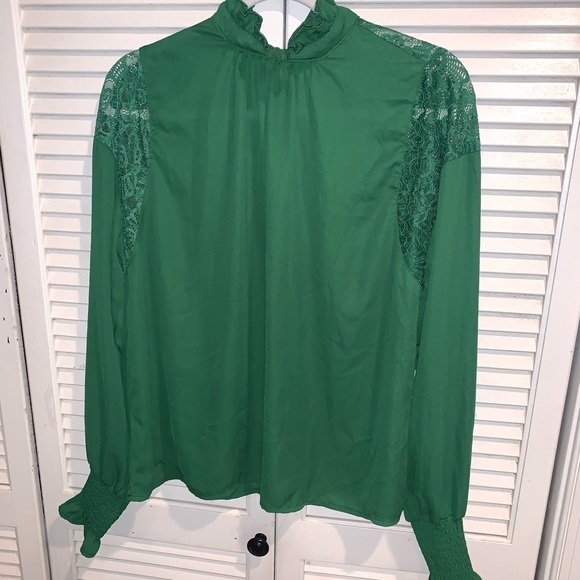 H&M Mock Neck Sheer Chiffon long sleeve Blouse green - Picture 7 of 10